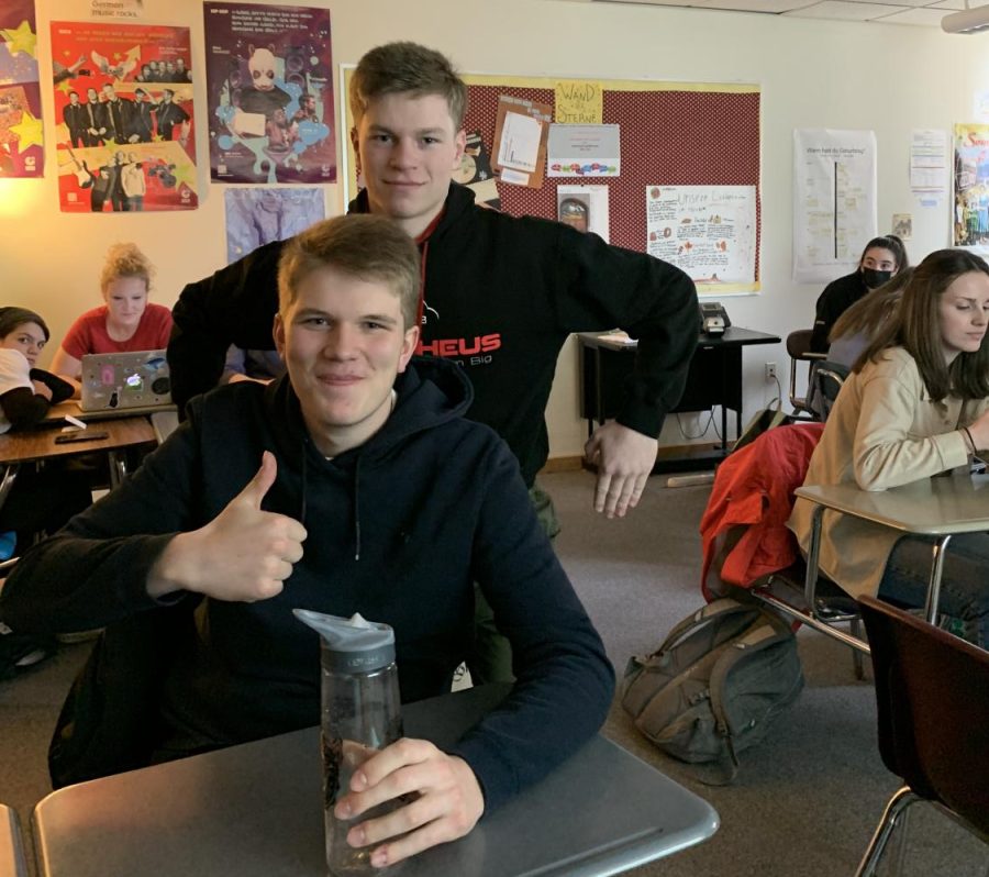 GAPP students Jens Krükel and Garrett Miskoe ham it up during German 5 class.