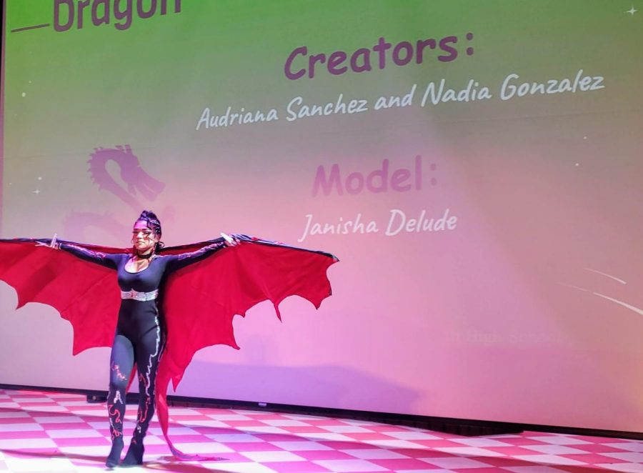 Janisha Delude models the Dragon look created by Audriana Sanchez and Nadia Gonzalez at the Mythical Hair! Hair Show 2022 at Concord High School.