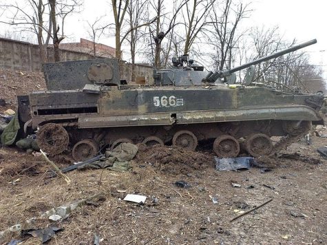 Destruction of Russian infantry combat vehicle by Ukrainian troops in Mariupol, per Ministry of Internal Affairs of Ukraine.