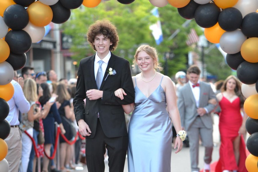 Ben Masur and Amber Ferrier walk the red carpet before the prom at Bank of New Hampshire Stage on South Main Street Thursday, June 15, 2023.