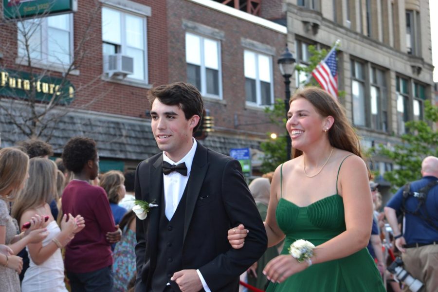 Finn Brown and Elizabeth Johnson walk the red carpet before the prom at Bank of New Hampshire Stage on South Main Street Thursday, June 15, 2023.