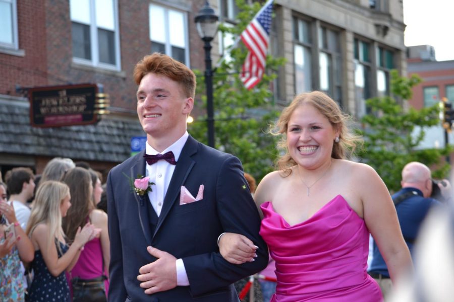 Brody McGonigle and Lily Savoy walk the red carpet before the prom at Bank of New Hampshire Stage on South Main Street Thursday, June 15, 2023.