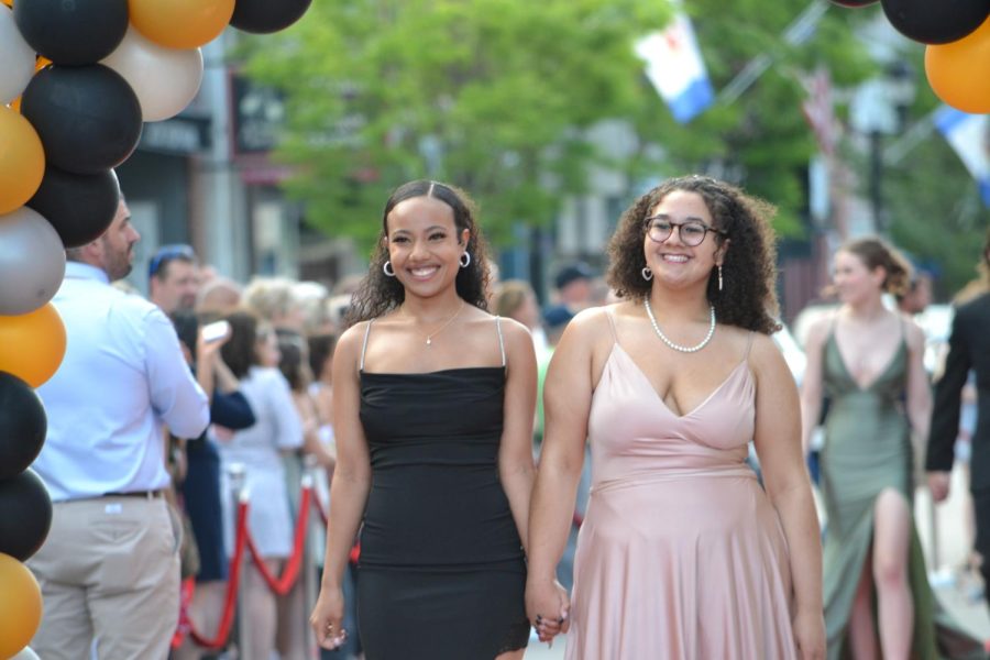 Dionna Joyner and Serendipity Kiejza walk the red carpet before the prom at Bank of New Hampshire Stage on South Main Street Thursday, June 15, 2023.