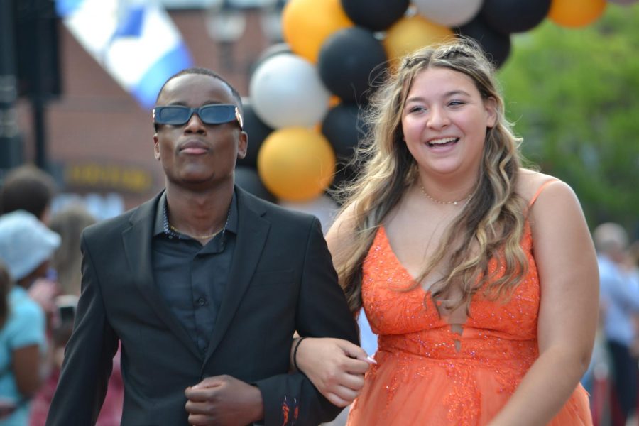 Justin Bahininwa and Jaylyn Jefferson walk the red carpet before the prom at Bank of New Hampshire Stage on South Main Street Thursday, June 15, 2023.
